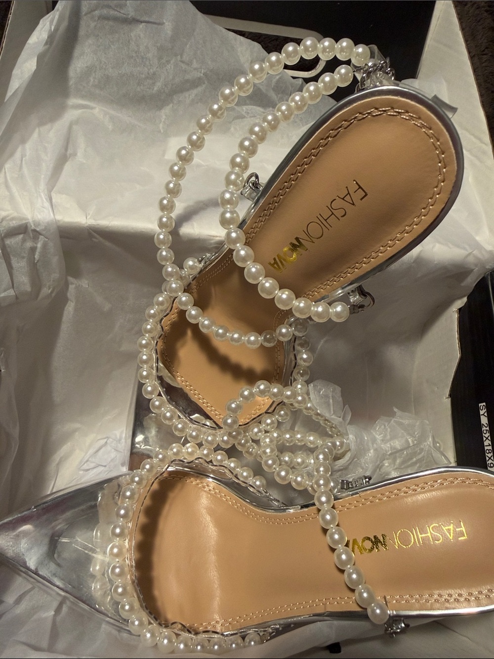 Fashion Nova Silver Pointed Pearl-Strap Heels